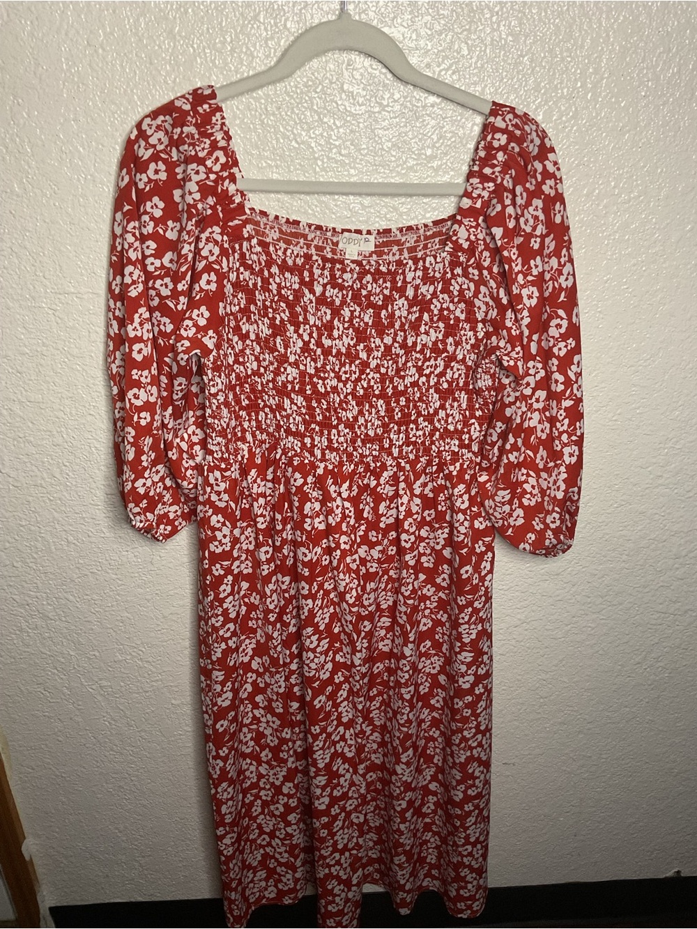 ODDY Red and White Floral Smocked Midi Dress